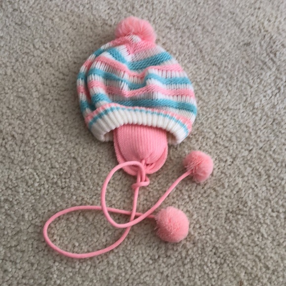 NWOT BABY KNIT HAT ear flaps and pom pom tie pink  white blue 0-3 months - Picture 7 of 12